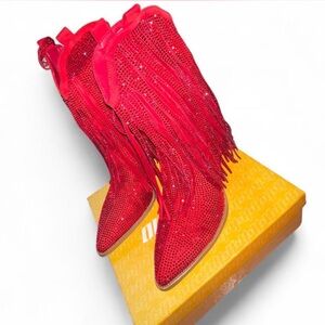 Glamorous Red Fringe Heeled Boots